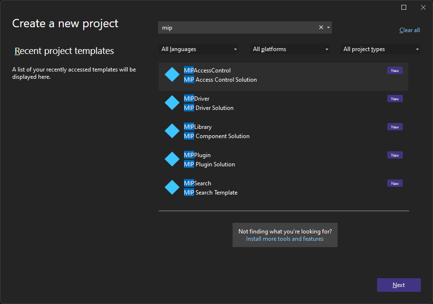 MIP SDK project templates: MIPAccessControl, MIPDriver, MIPLibrary, MIPPlugin, MIPSearch